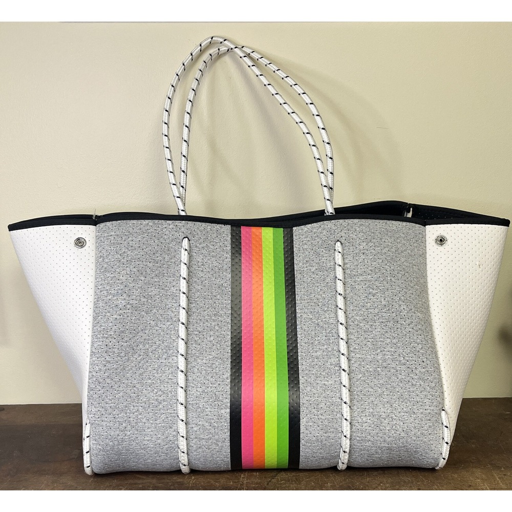 Haute Shore Greyson Tote Neoprene Grey White and Neon Beach Bag, Overnight Bag